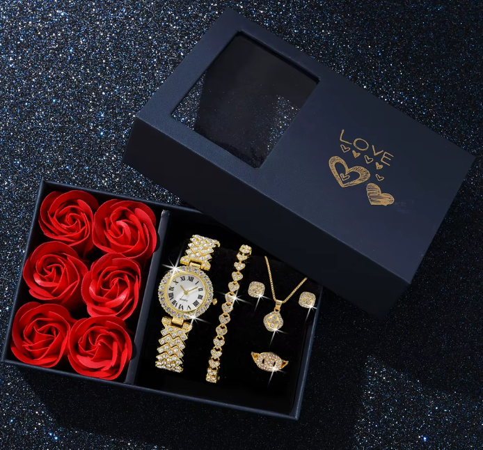 Kit Encanto + Caixinha de Rosas ( Relógio + pulseira + colar + brincos)