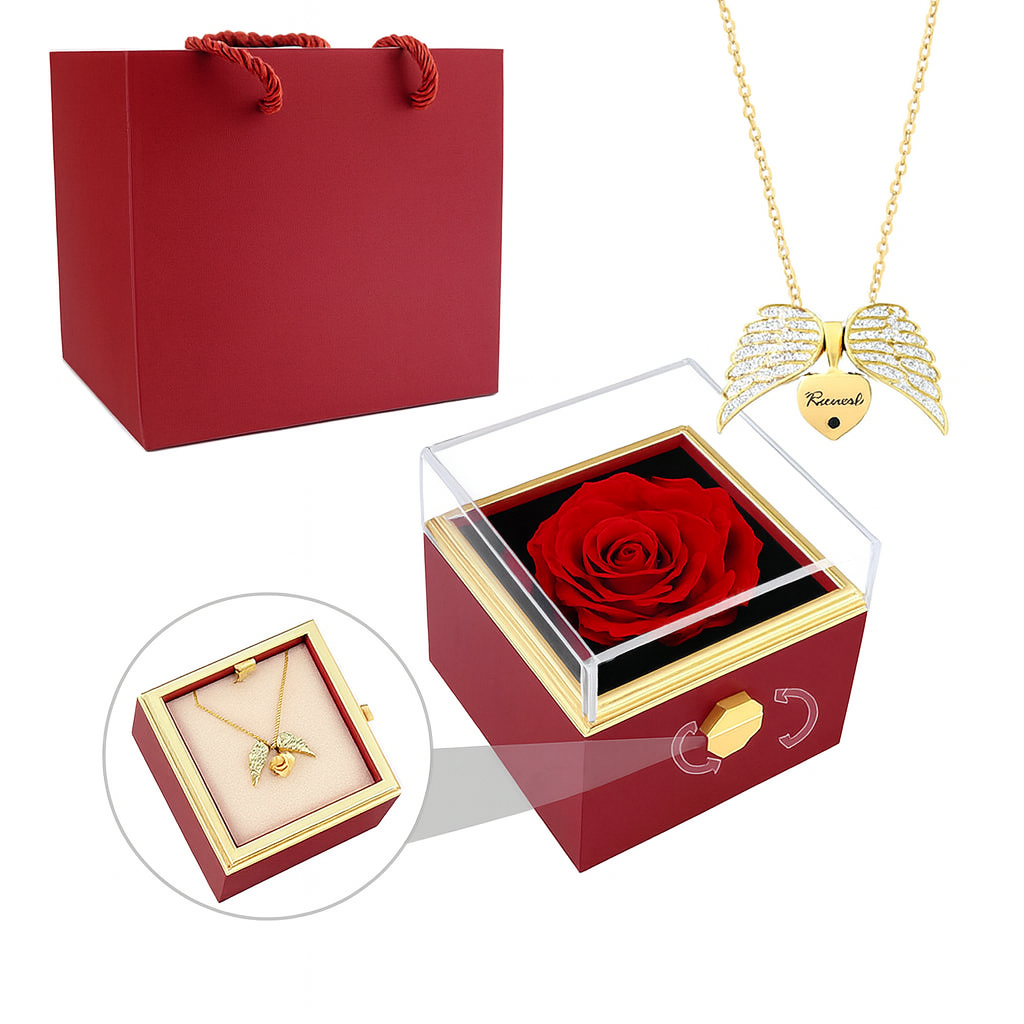 Colar Asas de Anjo Personalizável + Caixa de Flor Rotativa de Brinde
