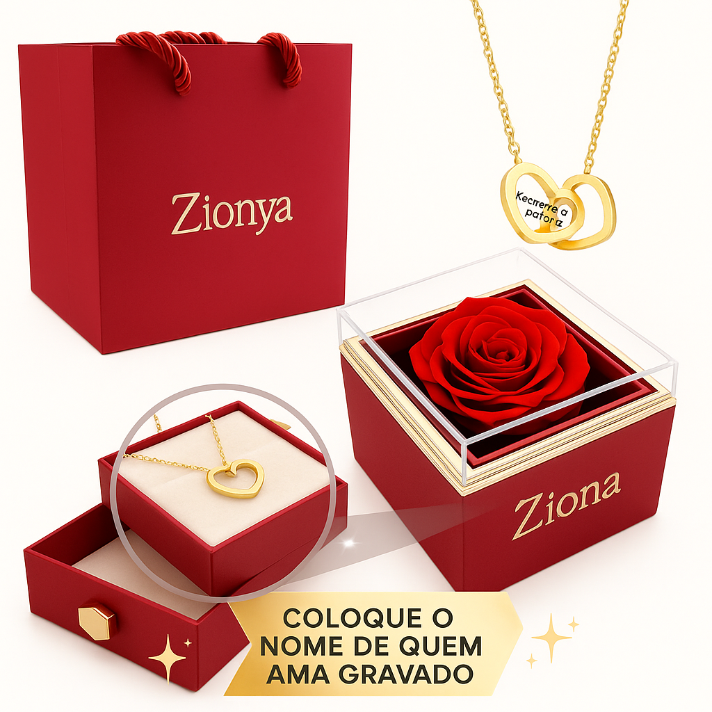 Colar Dois Corações + Caixa Rotativa de Brinde | Com nomes personalizavéis