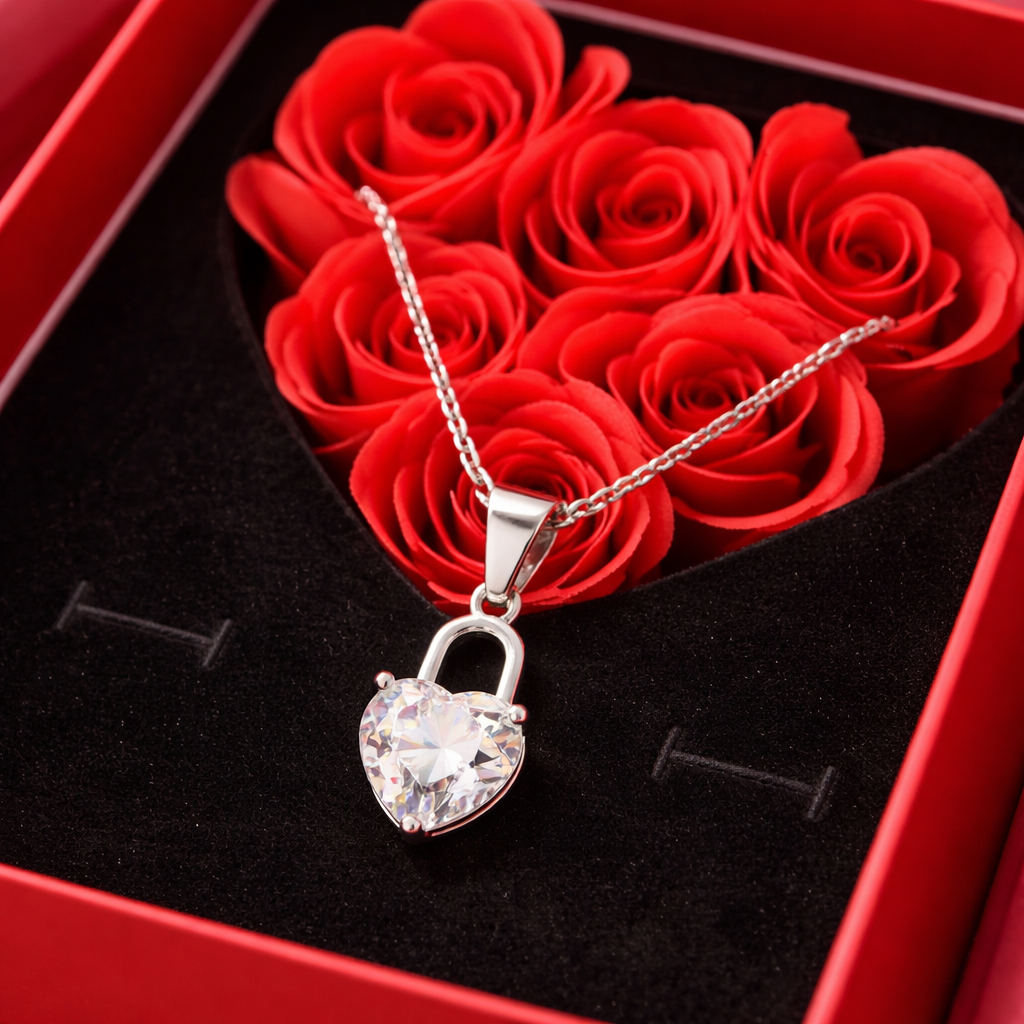 Kit Love Box - Caixa De Rosas Em Coração + Colar