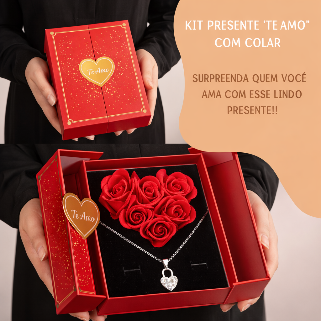 Kit Love Box - Caixa De Rosas Em Coração + Colar