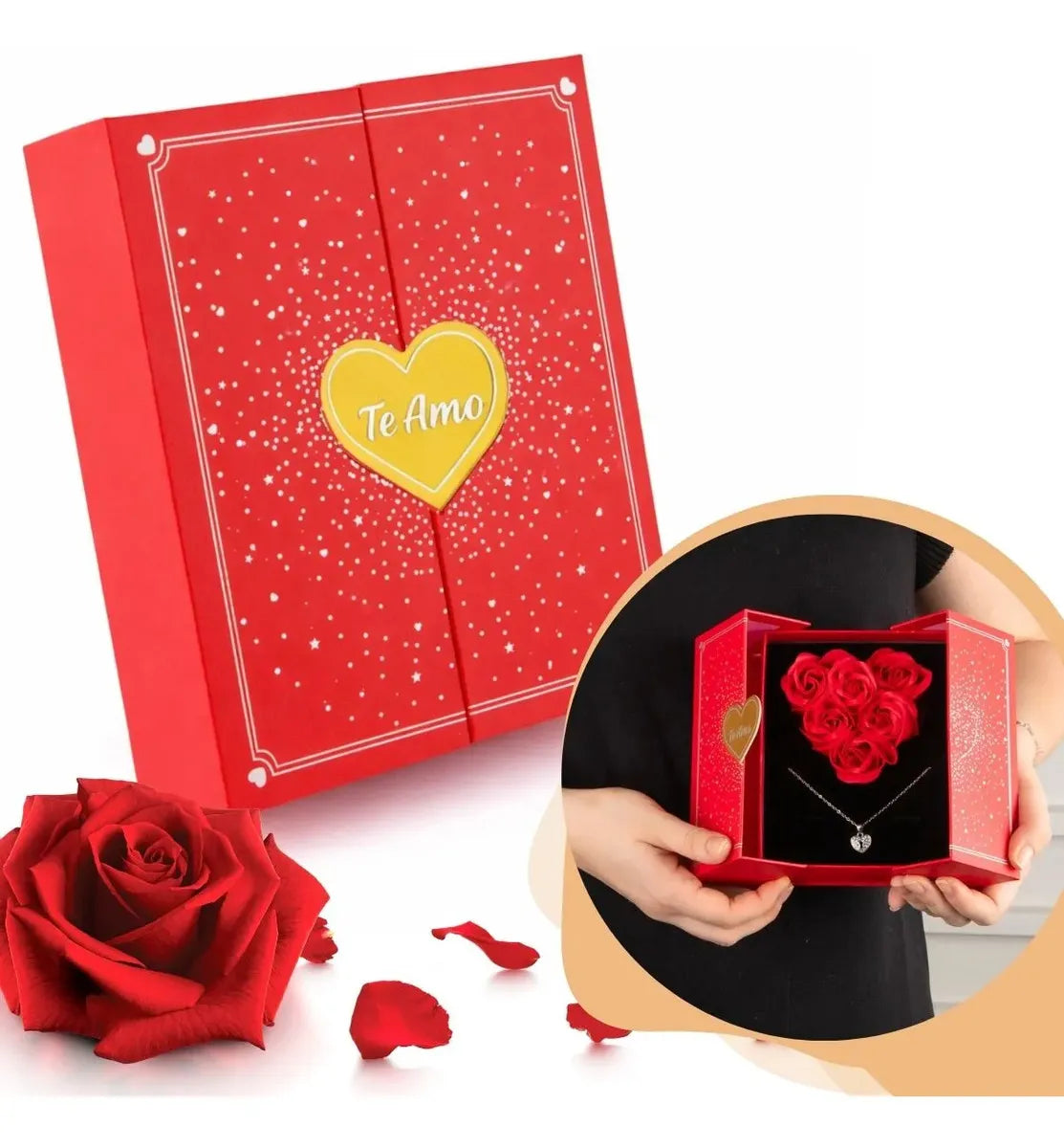 Kit Love Box - Caixa De Rosas Em Coração + Colar