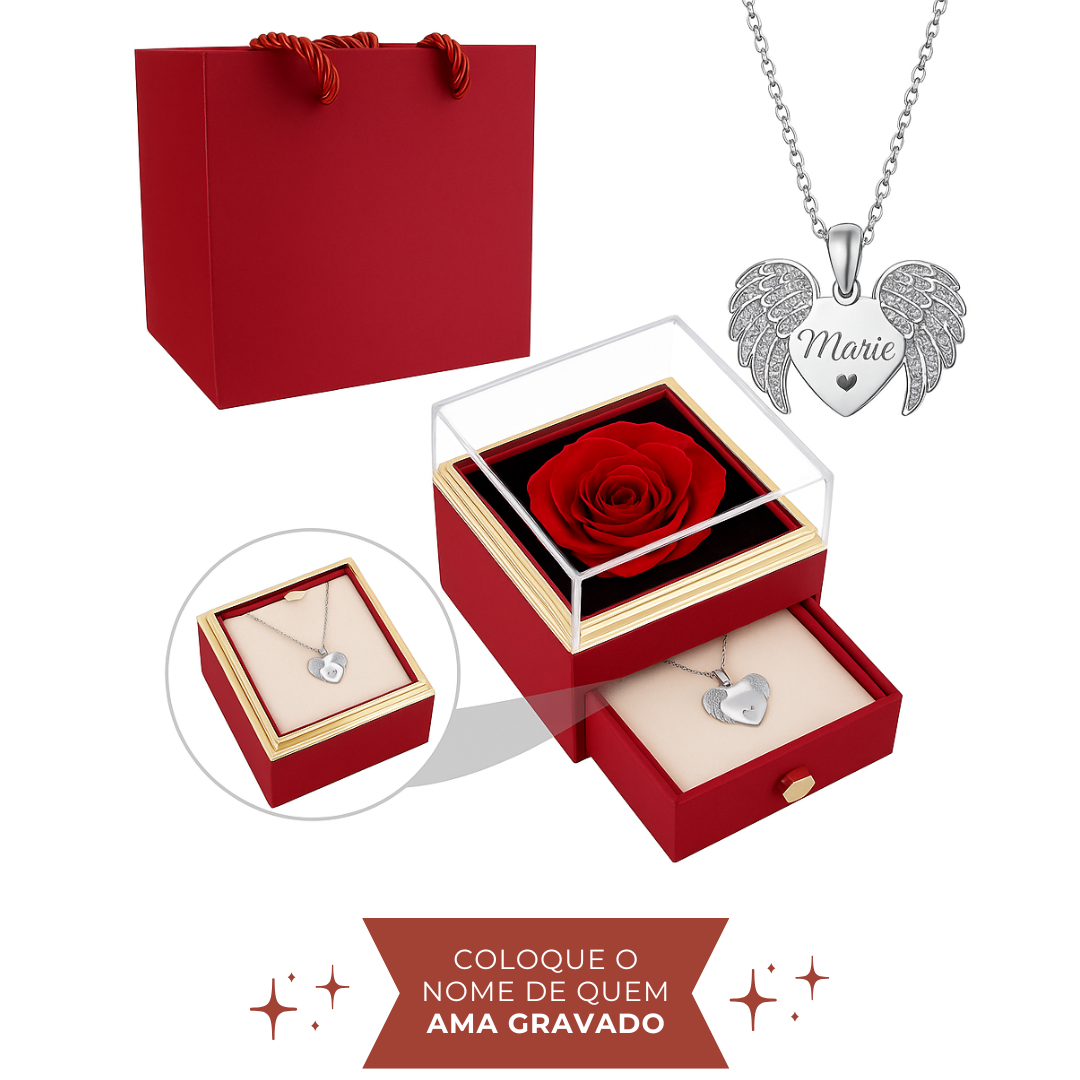 Colar Asas de Anjo Personalizável + Caixa de Flor Rotativa de Brinde