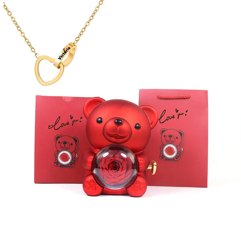 Urso Encanto™ Rosa Real + Colar Personalizado com 2 Corações