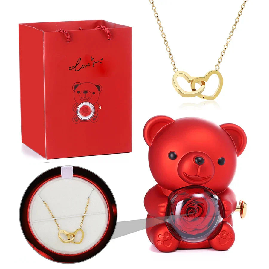 Urso Encanto™ Rosa Real + Colar Personalizado com 2 Corações
