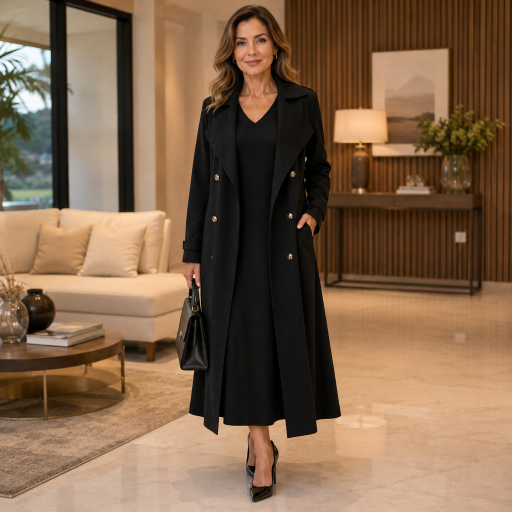 Vestido Aurélie™ com Casaco Longo Estruturado / Para Mulheres Refinadas que Valorizam Classe, Praticidade e Presença!